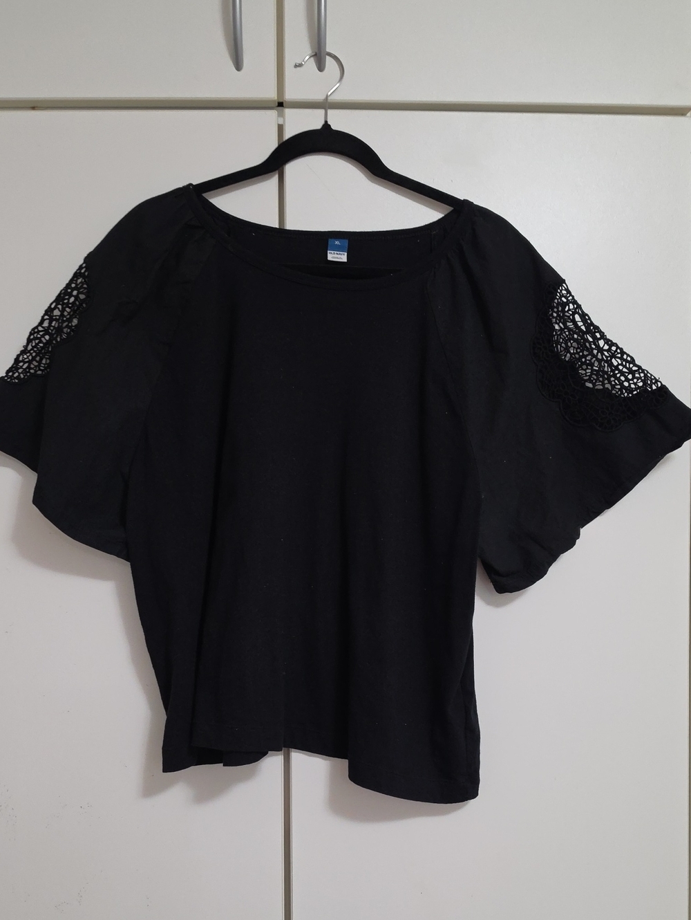 Old Navy Black Short Sleeve Top with Crochet Shoulder Detail